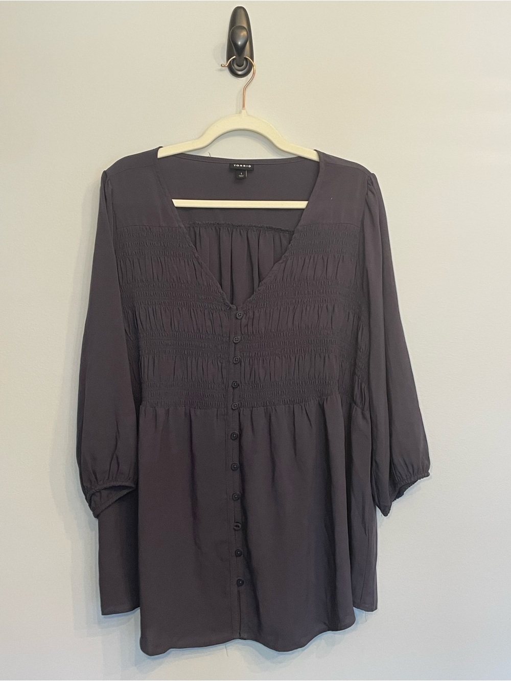 torrid Dark Charcoal Smocked V-Neck Button Tunic - Picture 2 of 9